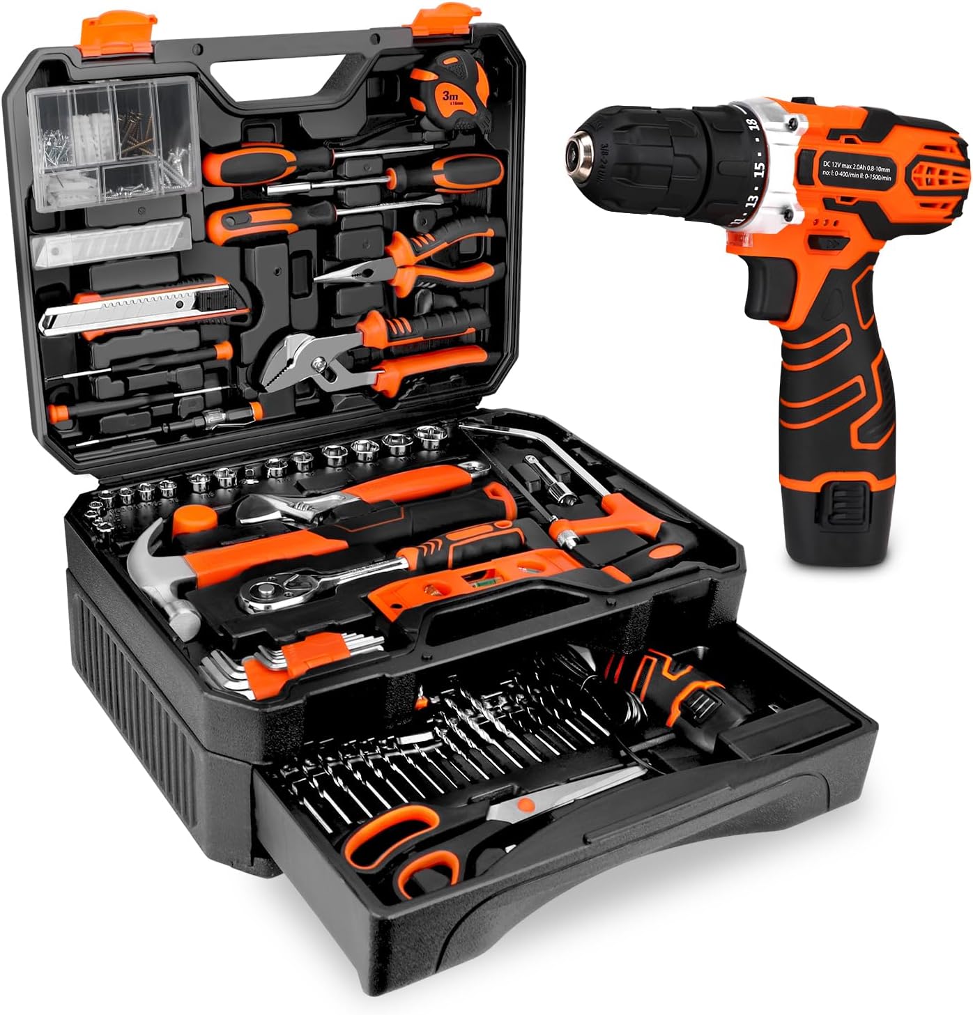 255-Piece Tool Set - Tool Kit with 12V Cordless Drill Driver
